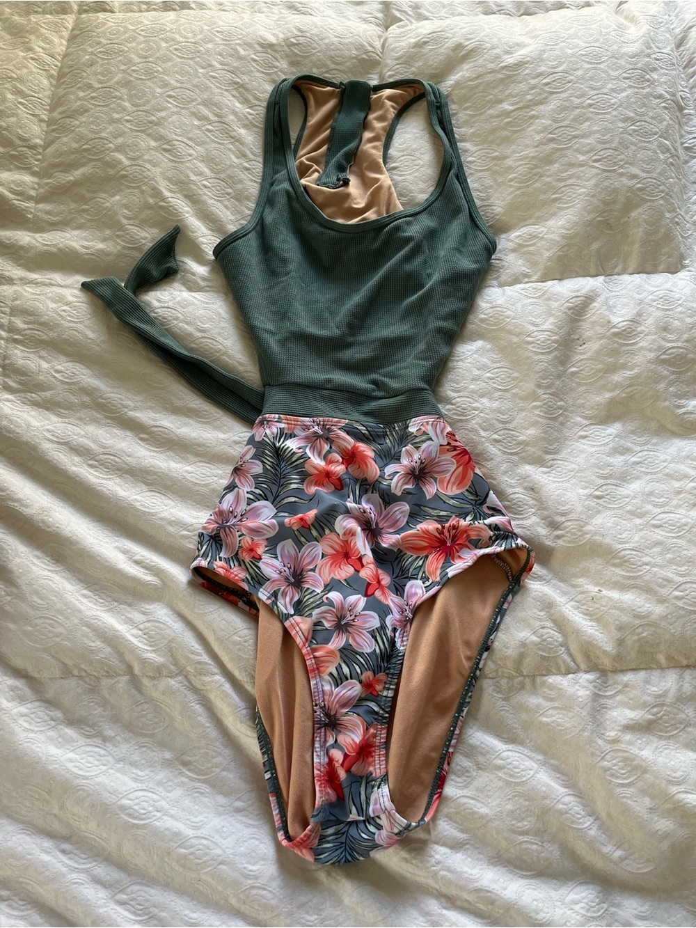 Two-Tone Floral One-Piece Swimsuit with Tie Waist size small